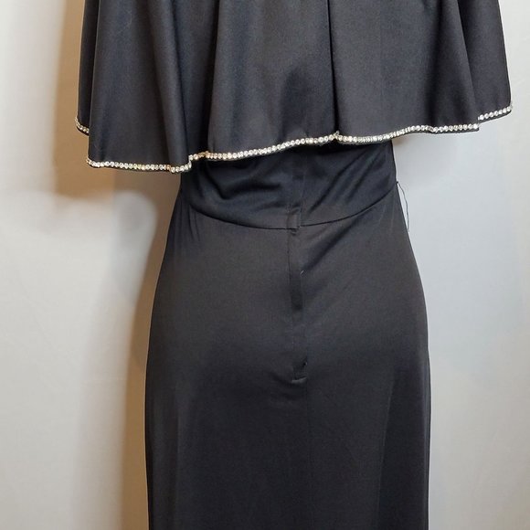 Retro 70s 80s Capelet Evening Gown Formal Black Rhinestone Trim Strait Lane Sm - Picture 7 of 10